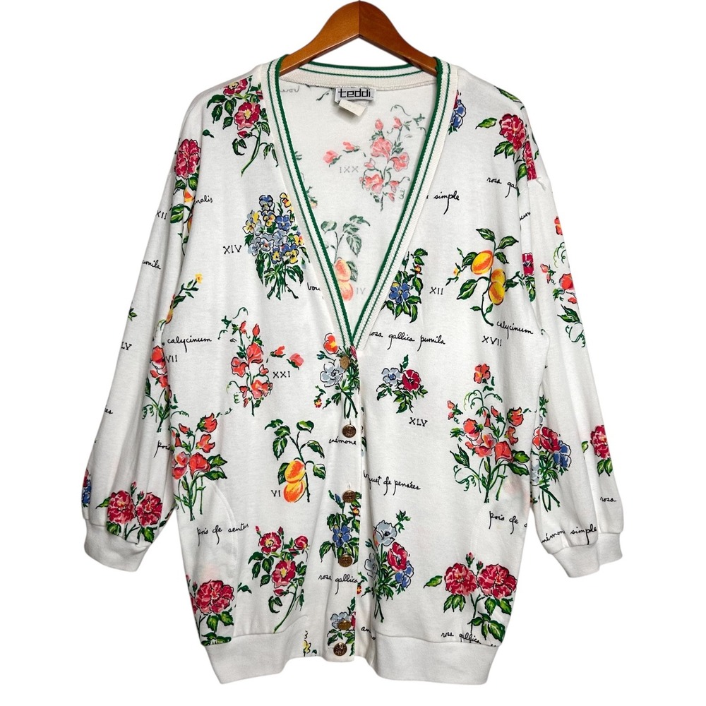 Vintage Botanical Cardigan 2X Ivory Floral Gardener Novelty Sweater Teddi - Picture 5 of 11